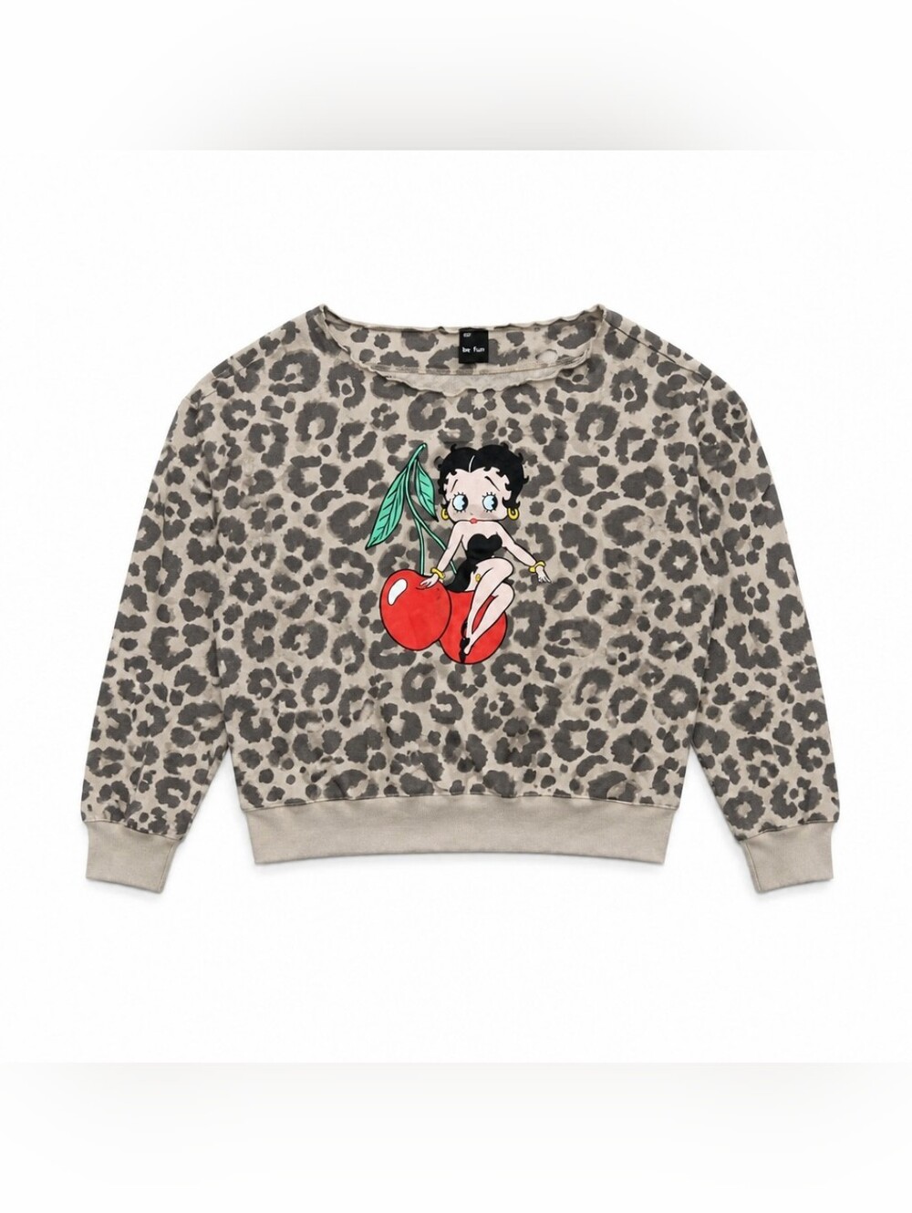 MAD Engine Beige Leopard Off-Shoulder Sweater with Red Cherry Betty Boop Graphic